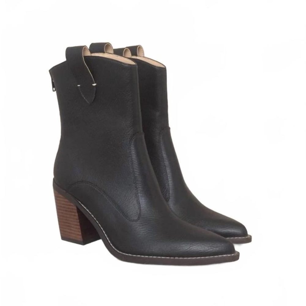 Black Leather Mid-Calf Block Heel Boots - Vegan Leather